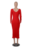 Red Casual Solid Patchwork V Neck Pencil Skirt Dresses