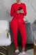 Red Casual Print Letter O Neck Long Sleeve Two Pieces