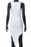 White Sexy Solid Patchwork Asymmetrical Asymmetrical Collar Irregular Dress Dresses