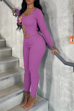 Purple Sexy Solid Hollowed Out Square Collar Long Sleeve Two Pieces