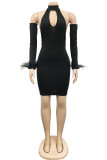 Red Sexy Solid Hollowed Out Backless Halter Long Sleeve Dresses (With Sleeves)
