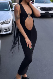 Black Sexy Solid Hollowed Out V Neck Pencil Skirt Dresses