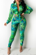 Green Street Print Patchwork Turndown Collar Long Sleeve Two Pieces