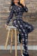 Black Elegant Print Letter Zipper Collar Long Sleeve Two Pieces