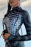Blue Black Sexy Print Patchwork Asymmetrical Half A Turtleneck Pencil Skirt Dresses