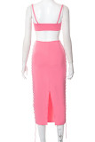 Pink Sexy Solid Patchwork Backless Spaghetti Strap Pencil Skirt Dresses