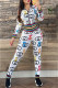 White Elegant Print Letter Zipper Collar Long Sleeve Two Pieces