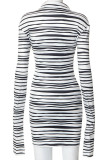 Black Sexy Striped Print Patchwork Buckle Turndown Collar Long Sleeve Two Pieces