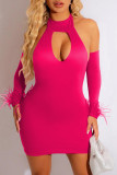 Red Sexy Solid Hollowed Out Backless Halter Long Sleeve Dresses (With Sleeves)