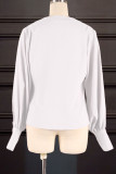 White Casual Solid Patchwork Buckle V Neck Tops