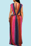 Blue Sexy Print Patchwork Backless Slit Asymmetrical V Neck Irregular Dress Dresses