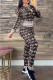 Brownness Elegant Print Letter Zipper Collar Long Sleeve Two Pieces
