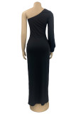Fuchsia Sexy Casual Solid Backless Slit Oblique Collar Long Sleeve Dresses