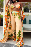 Multicolor Sexy Casual Print Cardigan Vests Pants Long Sleeve Three-piece Set