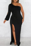 Fuchsia Sexy Casual Solid Backless Slit Oblique Collar Long Sleeve Dresses