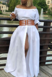 White Casual Solid Patchwork Slit Fold Off the Shoulder Straight Dresses(Without Belt)