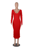 Red Casual Solid Patchwork V Neck Pencil Skirt Dresses