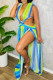 Blue Sexy Print Patchwork Backless Slit Asymmetrical V Neck Irregular Dress Dresses
