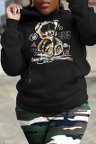 Grey Casual Cartoon Print Patchwork Basic Hooded Collar Tops