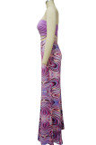 Coffee Sexy Print Patchwork Strapless Sleeveless Two Pieces