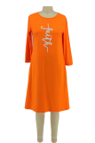 Orange Casual Print Patchwork O Neck Straight Dresses