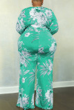 Grass Green Casual Print Patchwork V Neck Plus Size Jumpsuits