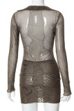 Khaki Sexy Print Hollowed Out Patchwork Frenulum See-through Asymmetrical Collar Pencil Skirt Dresses