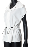 White Casual Solid Draw String Turndown Collar Tops