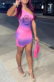 Purple Sexy Print Patchwork One Shoulder Pencil Skirt Dresses