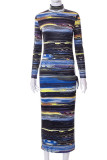 Colour Sexy Striped Print Hollowed Out Patchwork Half A Turtleneck One Step Skirt Dresses