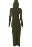 Army Green Casual Solid Patchwork Slit Zipper Hooded Collar One Step Skirt Dresses