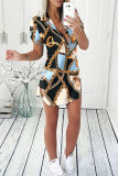 Colour Casual Print Patchwork Turndown Collar Short Sleeve Dress