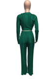 Green Sexy Solid Patchwork Fold V Neck Long Sleeve Two Pieces