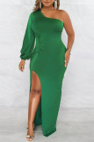 Fuchsia Sexy Casual Solid Backless Slit Oblique Collar Long Sleeve Dresses