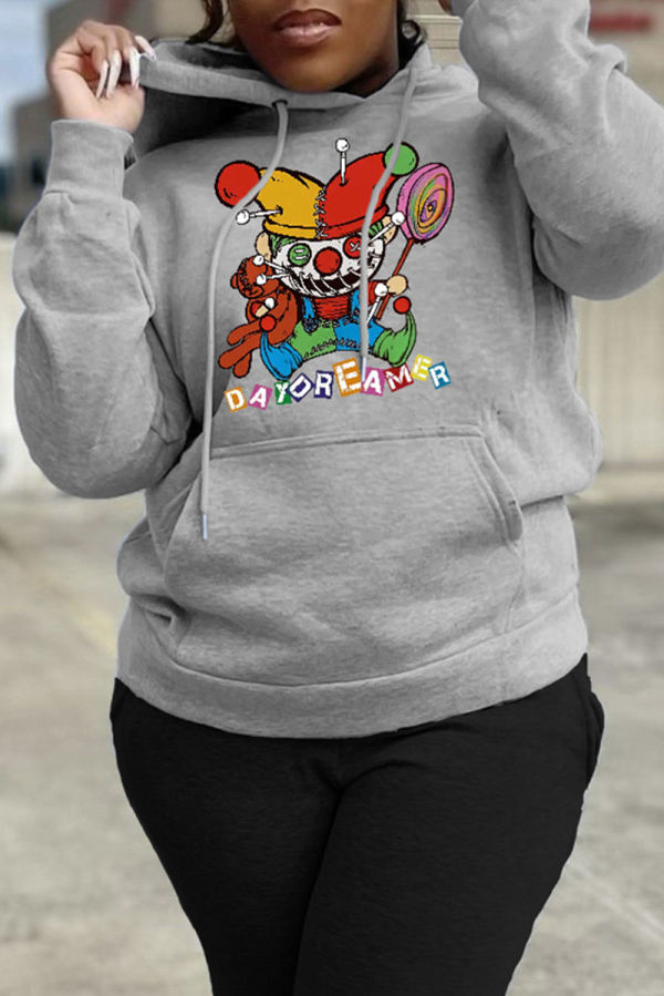 Grey Casual Print Patchwork Basic Hooded Collar Tops