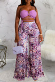 Coffee Sexy Print Patchwork Strapless Sleeveless Two Pieces