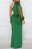 Fuchsia Sexy Casual Solid Backless Slit Oblique Collar Long Sleeve Dresses