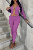 Purple Sexy Solid Hollowed Out Square Collar Long Sleeve Two Pieces