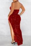 Red Sexy Formal Patchwork Bandage See-through Backless Slit Halter Evening Dress