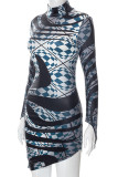 Blue Black Sexy Print Patchwork Asymmetrical Half A Turtleneck Pencil Skirt Dresses