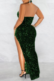 Dark Green Sexy Formal Patchwork Bandage See-through Backless Slit Halter Evening Dress