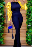 Blue Casual Elegant Solid Patchwork Fold Half A Turtleneck Straight Jumpsuits