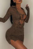 Khaki Sexy Print Hollowed Out Patchwork Frenulum See-through Asymmetrical Collar Pencil Skirt Dresses