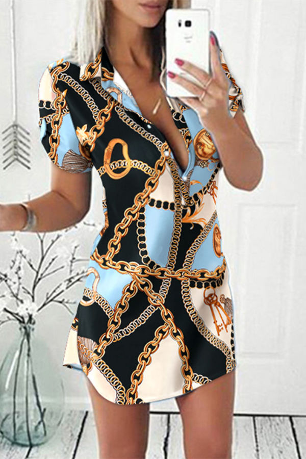 Blue Casual Print Patchwork Turndown Collar Short Sleeve Dress
