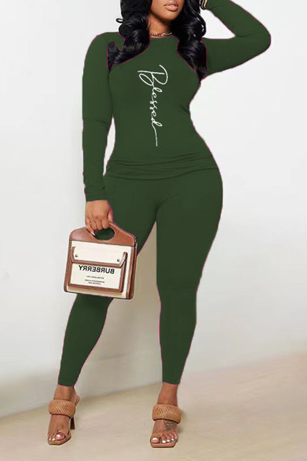 Army Green Casual Print Patchwork O Neck Long Sleeve Two Pieces