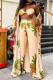Multicolor Sexy Casual Print Cardigan Vests Pants Long Sleeve Three-piece Set
