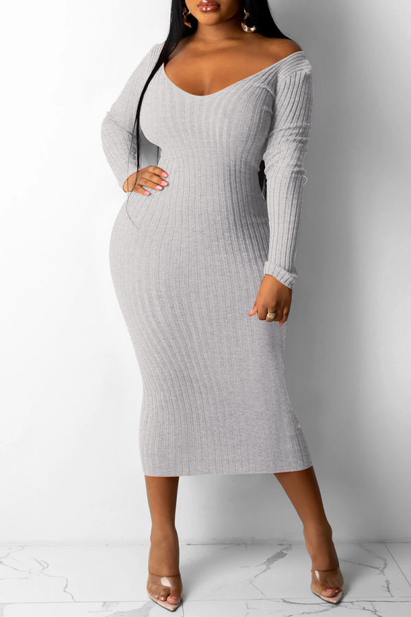 Grey Casual Solid Patchwork V Neck Pencil Skirt Dresses