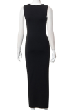 Black Sexy Solid Hollowed Out V Neck Pencil Skirt Dresses