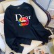Black Casual Print Letter O Neck Tops