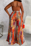 Coffee Sexy Print Patchwork Strapless Sleeveless Two Pieces